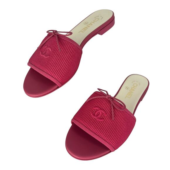 Chanel 2024 Dark Pink Embroidered CC Logo Bow Tie Mule Slide Flat Sandal - Picture 5 of 16